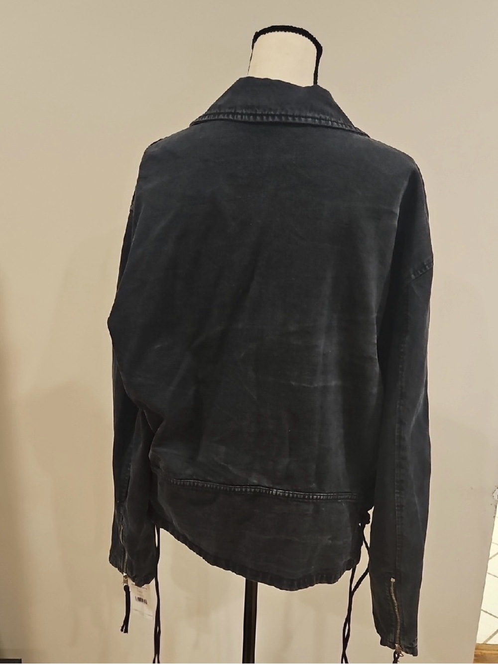 Free People NWTWashed Black Denim Moto Jacket with corset style laces & buckle - Picture 3 of 11